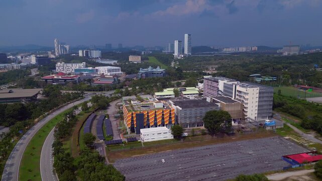 Cyber city Data Center IT hub campus solar panels Dramatic aerial view drone