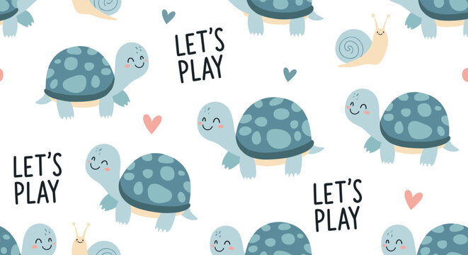 Adorable seamless pattern of smiling turtles and snails with the text let's play and small hearts on a white background for nursery decor.