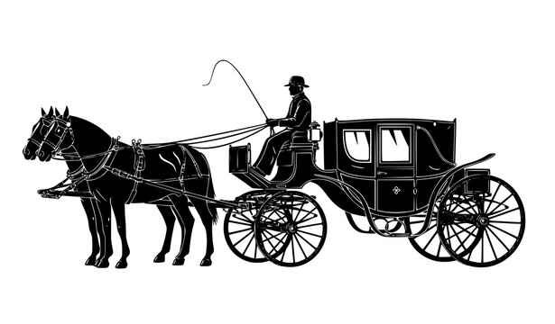 Black and white two horse drawn carriage silhouette vector historic transport illustration