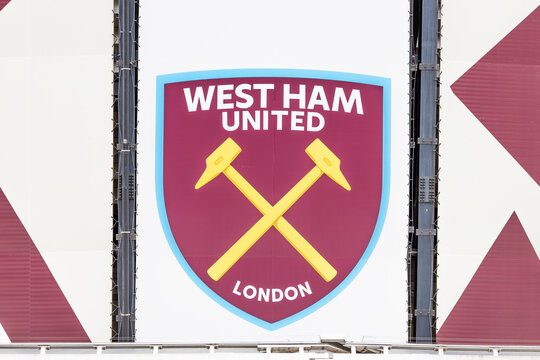 West Ham United crest on stadium wall. London, UK, 14 July 2024