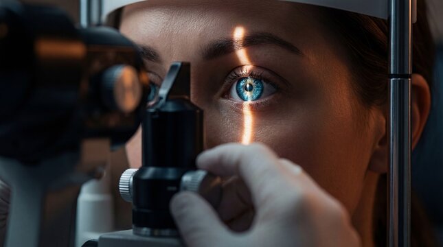 Caucasian Woman Undergoing Eye Examination with Slit Lamp in Optometry Clinic for Vision Healthcare