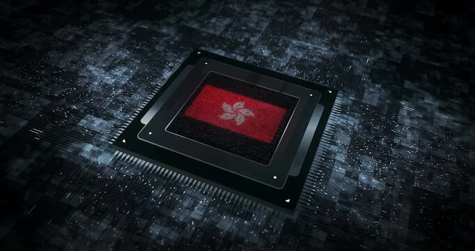 Hong Kong flag on computer cpu. China banner digital and cyber technology concept animation.