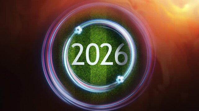 Energetic 2026 soccer animation with orange fire glow effect.