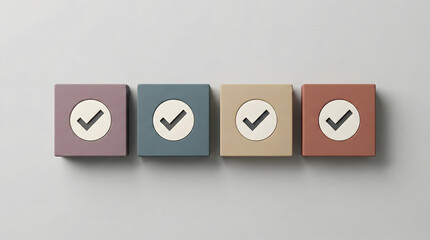 Four Colored Cubes with Checkmarks on White Background, Approval Concept