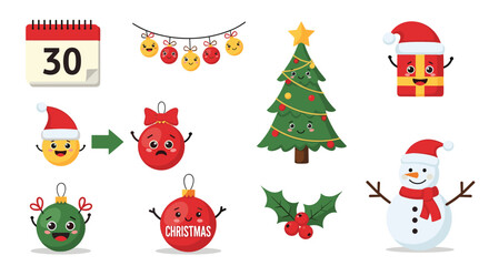 Fototapeta premium Diverse collection of christmas themed characters and items including a calendar tree snowman and festive ornaments.