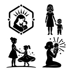 Mother's Day family silhouette icon bundle with dance and kiss