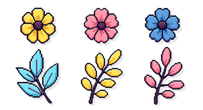 A collection of colorful flowers and leaves in pixel art style, perfect for floral-themed designs and creative projects