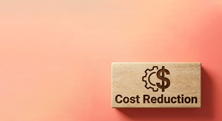 Cost Reduction Concept on Wooden Block with Dollar Sign and Gear Icon on Pink Background