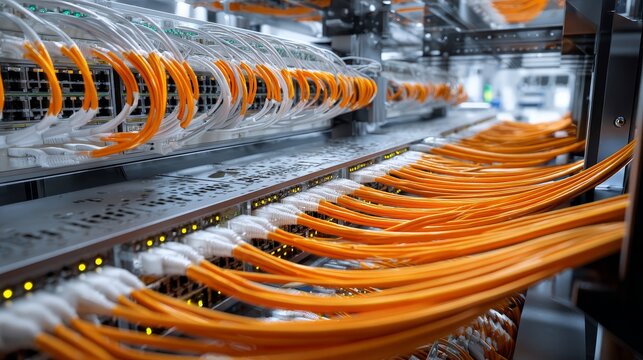 A large network of orange cables is shown in a white background
