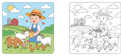 Fototapeta premium Cute Farm Animals Coloring Page with Young Farmer Boy, Cow, Goats, and Chickens in a Sunny Barnyard Landscape – Educational Illustration for Kids Activities
