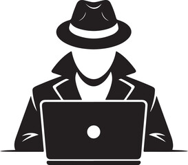 Spy agent searching on laptop. Hacker