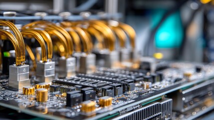 Naklejka premium A computer board with many wires and gold colored connectors