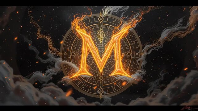 Fantasy fiery letter M with mystical celestial background