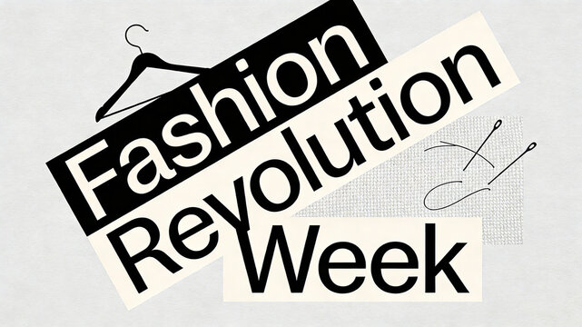 Collage text, hangers, and needlework elements represent the handmade and sustainable concepts of Fashion Revolution Week and promotional scenes.
