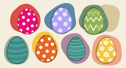 A collection of colorful Easter eggs with various patterns in a flat vector style, perfect for spring holiday designs