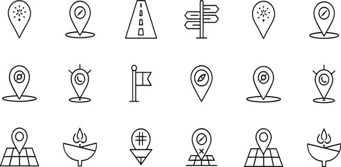 Navigation Map Pin, Compass, Road, Direction Sign and Route Marker Line Icon Set for Travel and GPS Design © Sumon Creative