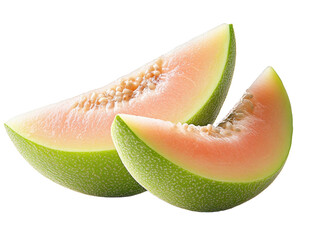Freshly sliced green melon pieces revealing juicy pink flesh and seeds on a transparent background