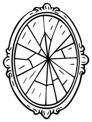 Ornate oval mirror with a shattered reflective surface in a simple line drawing style