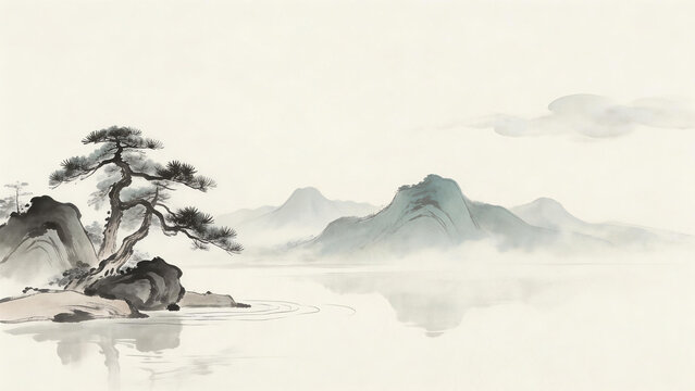 Traditional Chinese ink wash painting depicting a serene landscape with a pine tree, misty mountains, calm water, and tranquil sky. Emphasizes minimalism and natural beauty.