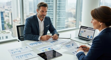 Business professionals analyzing financial reports in office