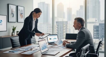 Business professionals reviewing financial data in a modern office