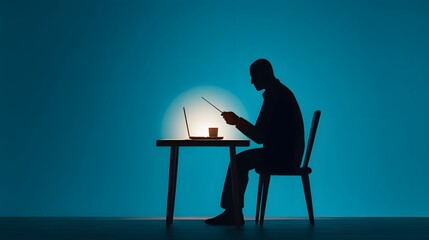Focused Contemplation: A silhouette captures a moment of intense concentration as an individual works late into the night at a desk, the laptop's glow illuminating their thoughtful expression.