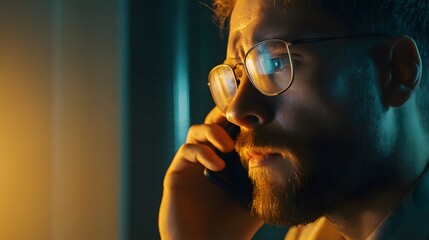 Intense Phone Call: A close-up shot of a focused individual engrossed in a phone conversation, their face illuminated by the soft glow of a screen and strategic lighting.