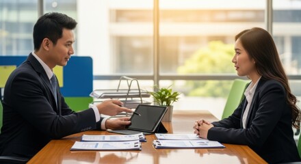 Fototapeta premium Business meeting with Asian professionals discussing data on tablet