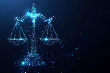 Digital Justice & AI Ethics: glowing blue wireframe scales of justice, composed of interconnected points and lines, symbolizing digital justice,