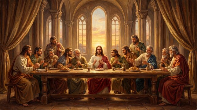 Jesus Christ and His Disciples Share The Last Supper in a Grand Hall with Radiant Sunset Light