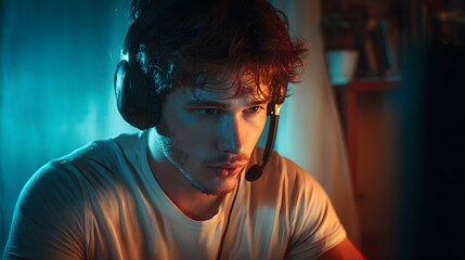 Gamer Immersed in Intense Gaming: A focused individual deeply engrossed in a gaming session, illuminated by the glow of the screen. Captured in a moment of intense concentration.