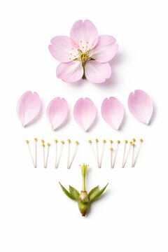Sakura flower dissected botanical study layout with separated petals stamens and calyx symmetrical arrangement