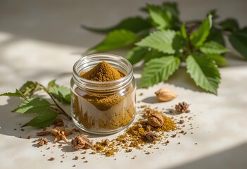 Freshly ground mint seeds in a glass jar with scattered leaves and seeds around. henna powder