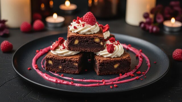 Three chocolate brownies with whipped cream and fresh raspberries on a dark plate with a raspberry sauce drizzle, set against a romantic dimly lit background with glowing holiday candles.