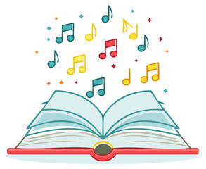 Open Book with Floating Music Notes Illustration for Education or Entertainment
