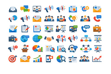 Collection of Business Icons Representing Various Aspects of Corporate Life and Technology in a Modern Flat Design Style