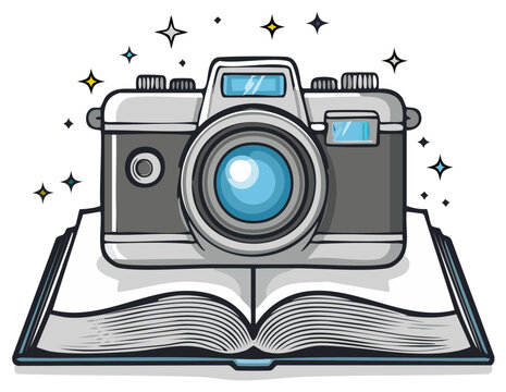 Illustration of a vintage camera atop an open book with twinkling stars