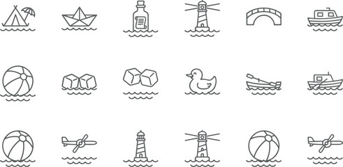 Ocean Water Activity Icon Set with Boat Lighthouse Beach Ball Ice Duck and Marine Elements Vector © Vactor Itbd