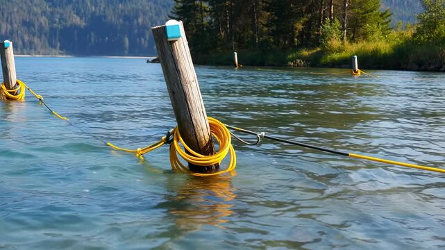 Lake water safety barrier system with yellow rope cable buoy and wooden poles for shoreline protection near forest mountain wilderness nature conservation
