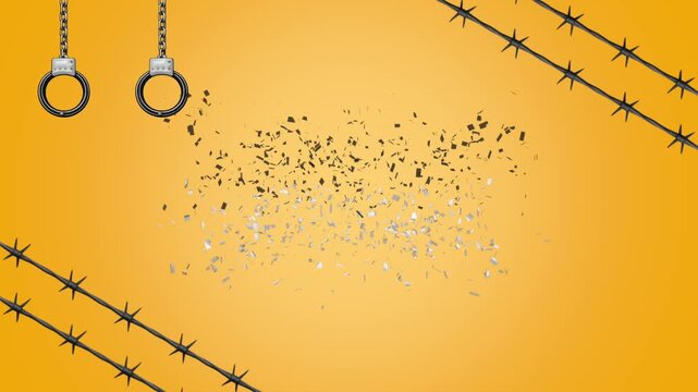 International day of solidarity with detained and missing staff members concept with handcuffs and barbed wire on yellow background