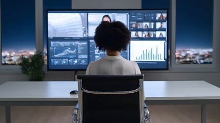 Strategic Vision: An individual sits at a sleek desk, engrossed in a video conference with colleagues, a vast monitor displaying intricate charts and remote attendees.
