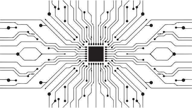 Intricate circuit board design with a central microchip and radiating pathways