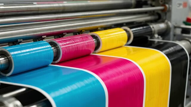 Detailed view of a fourcolor flexo printing process on a paper web showcasing precise ink layering and alignment in an inline press before coating.