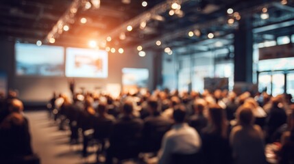 Blurred view of people attending a conference presentation in large hall