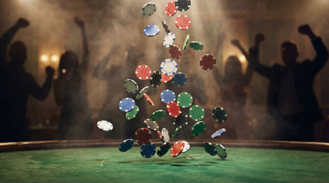 An explosion of poker chips falling onto a green casino table, symbolizing a big win and success in gambling, with blurred celebratory figures in the background.