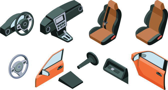 Isometric 3D automobile interior parts collection, dashboard steering wheel seats door panels mirror and car control system illustration