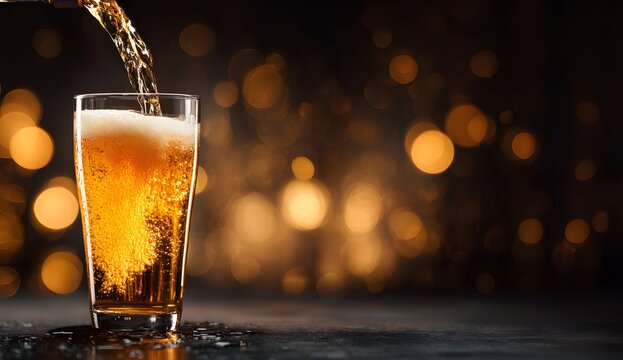Close up of golden beer being poured from a bottle into a glass creating foam and bubbles with warm bokeh background light