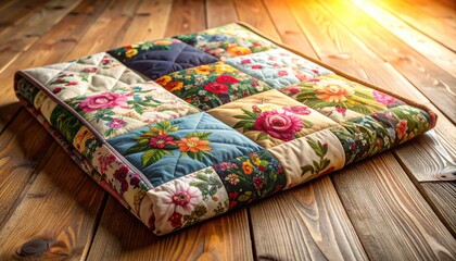A beautifully hand-stitched quilt with intricate patchwork squares of varied floral fabrics, featuring a photorealistic DSLR style from FlyPro Firefly, laid out gracefully on a warm wooden floor.