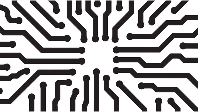 Abstract black and white circuit board pattern resembling a snowflake design