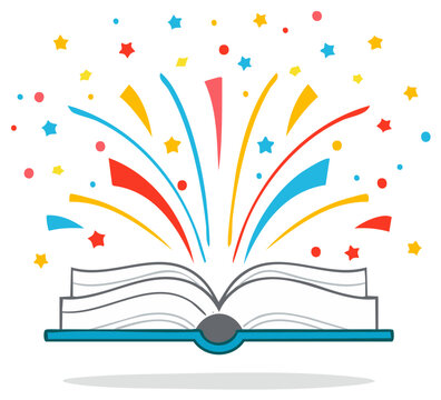 Open book unleashing colorful fireworks and stars in celebration of knowledge and imagination, vector illustration, reading concept